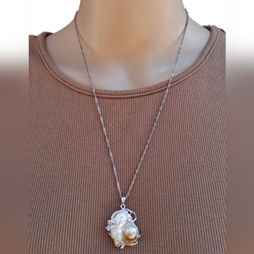 Sterling Silver & 18K Gold Plate Necklace w/ Natural Blister Pearl Pendant